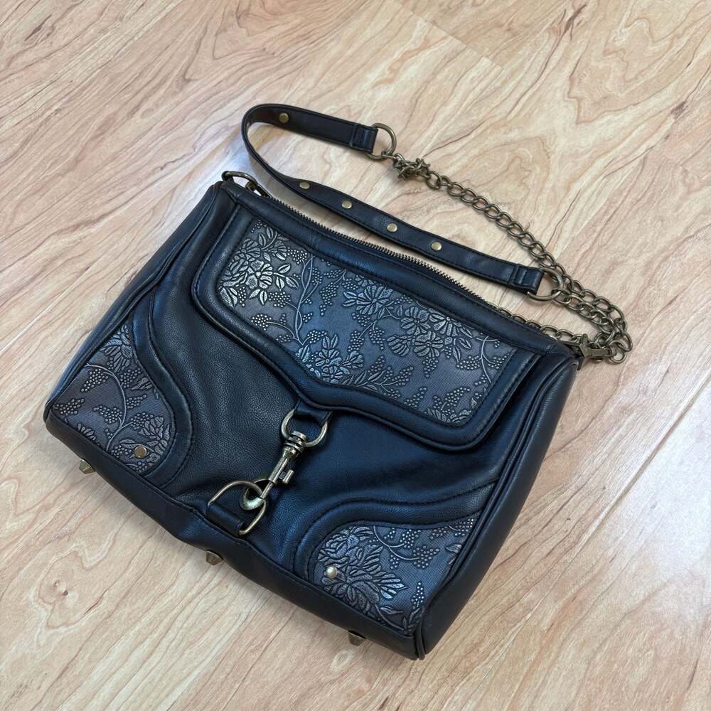 Braciano Black Floral Embossed Crossbody Bag with Chain Detail